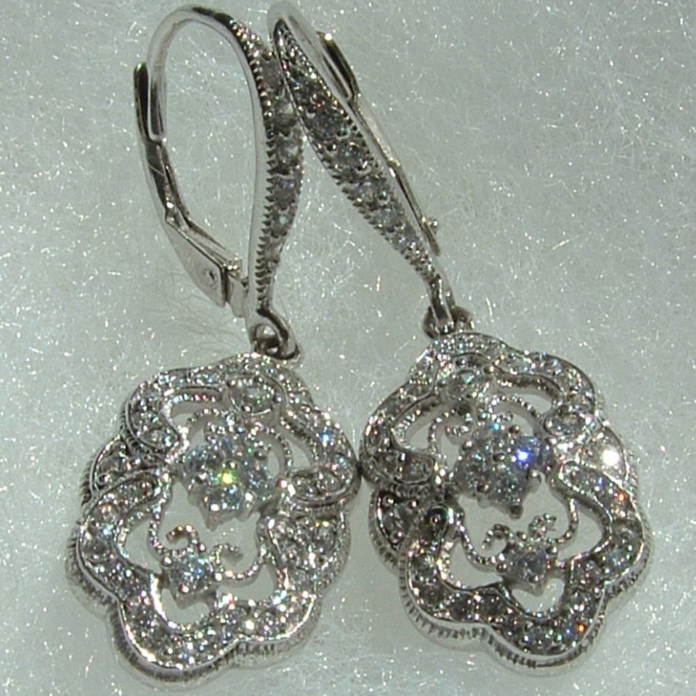 925 Sterling Silver CZ Diamonique Floral Earrings Retro Art Deco Style - Picture 3 of 14